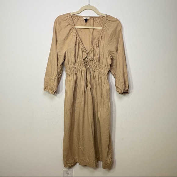 Target Universal Thread Linen Prairie Milkmaid Peasant Midi V Neck Dress Wheat S - Picture 12 of 15